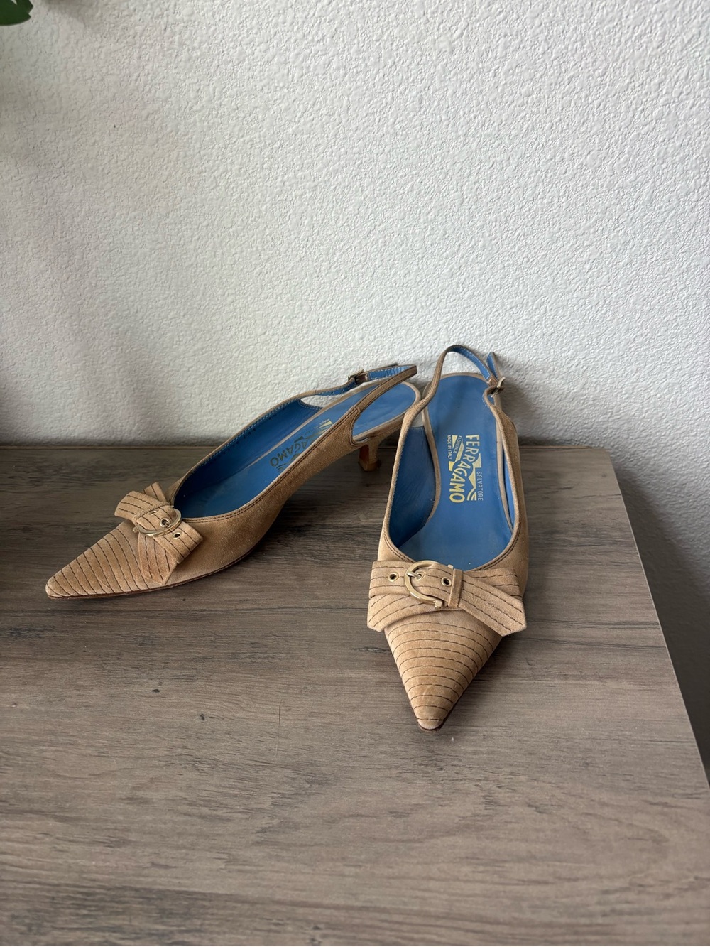 Salvatore Ferragamo Tan Pointed Slingback Heels with Buckle Accent